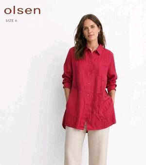 Olsen Button-Up Shirt Blouse Top Linen Womens US 6 Bright Red Lagenlook New